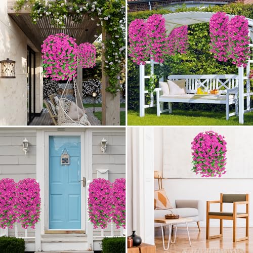 Image of Bassion 2 Pack Artificial Hanging Petunias Flowers for Outdoors, Fuschia | UV resistant, silk fake flowers, hanging morning glory trailing vines, porch garden spring summer planter decoration