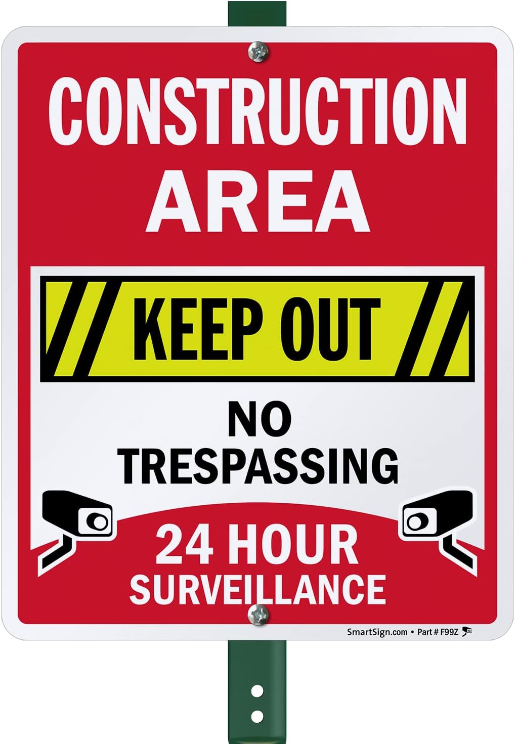 SmartSign 12" x 10" 'Construction Area Keep Out, No Trespassing, 24 Hour Surveillance' Yard Sign with 3 foot Stake, 40 mil Aluminum 3M Laminated Engineer Grade Reflective, Set of 1, USA-Made