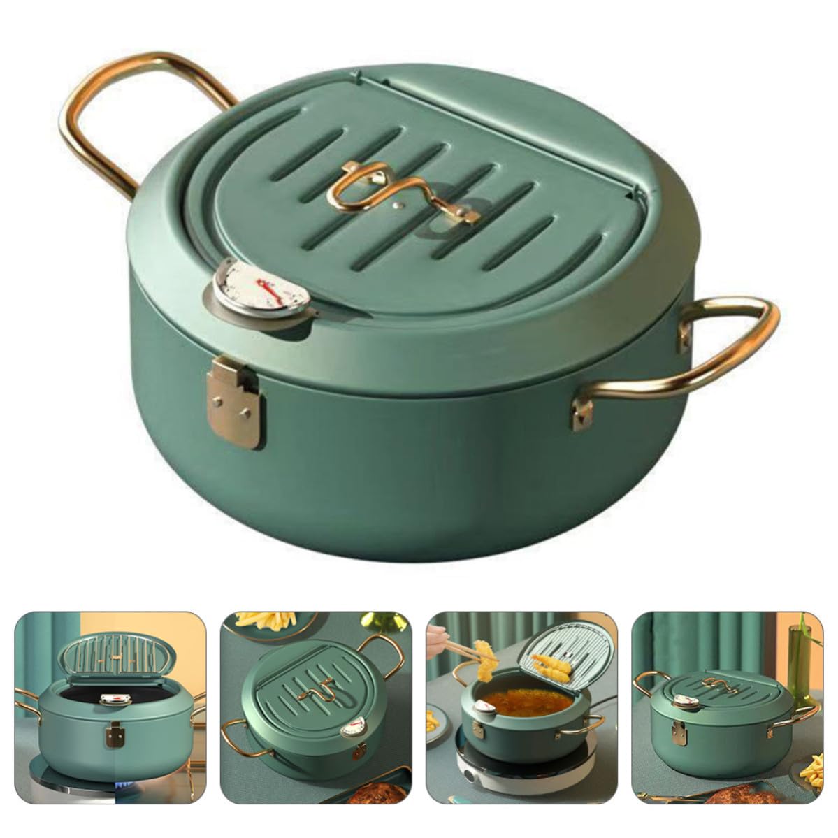 Pentola Friggitrice con Termometro Verde in Acciaio al Carbonio