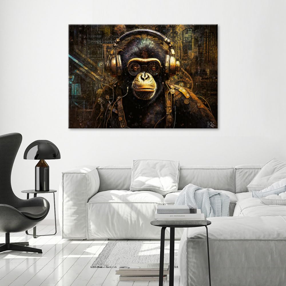 Feeby Vlies - Leinwand Bilder - Affe im Kopfhörer - 120x80 cm - Deko Wohnzimmer - Wandbilder Schlafzimmer - Deko Aesthetic - Wand Deko - Leinwand Groß - Deko Zimmer - Leinwandbilder XXL