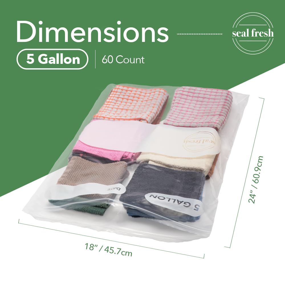 Seal Fresh Bolsas de almacenamiento de plástico grandes de 5 galones, 18 x 24 pulgadas (60 unidades) – Bolsas reutilizables XXL extra grandes y resistentes transparentes con cierre de cremallera para