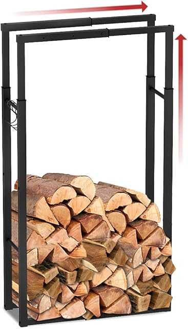 VOUNOT Firewood Log Rack, Retractable Metal Log Store Holder for Outdoor or Indoor, 9 Adjustable Sizes, Maximum dimension 65 x 25 x 150 cm, Black