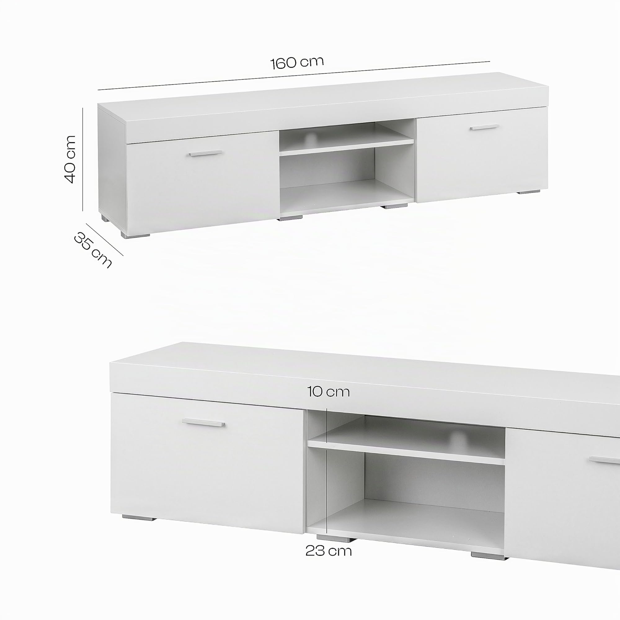 Baroni Home Mobile per Tv con 2 Sportelli 2 Ripiani, Foro per Passaggio Cavi in MDF, Consolle Porta TV per Camera da Letto, Salotto, Cucina, Bianco, 160x35x40 cm