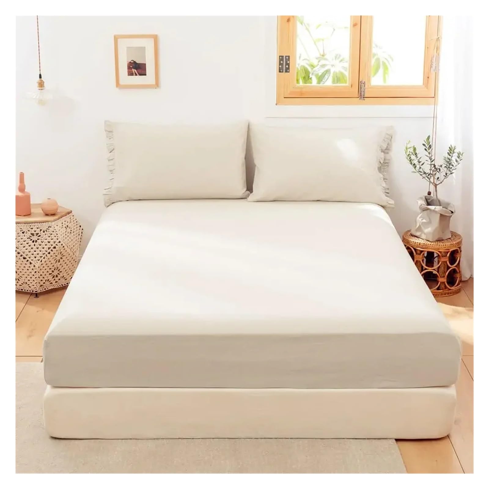 Drap en Lin Drap-Housse en Lin - Housse de Matelas à Poche Profonde 14 Pouces, literie Douce et Respirante Coton(Green,Twin)