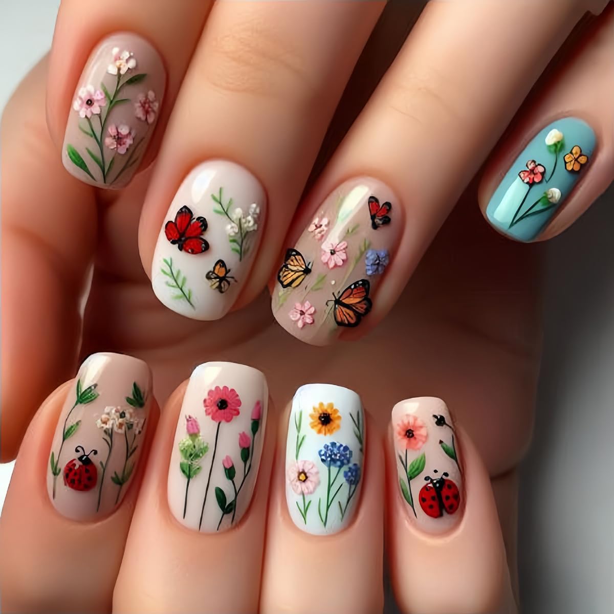 Flower Press on Nails Short Square Fake Nails Small Wild Florals Design Glue on Nails Spring Nude Nails Press ons Full Cover Glossy Stick on Nails