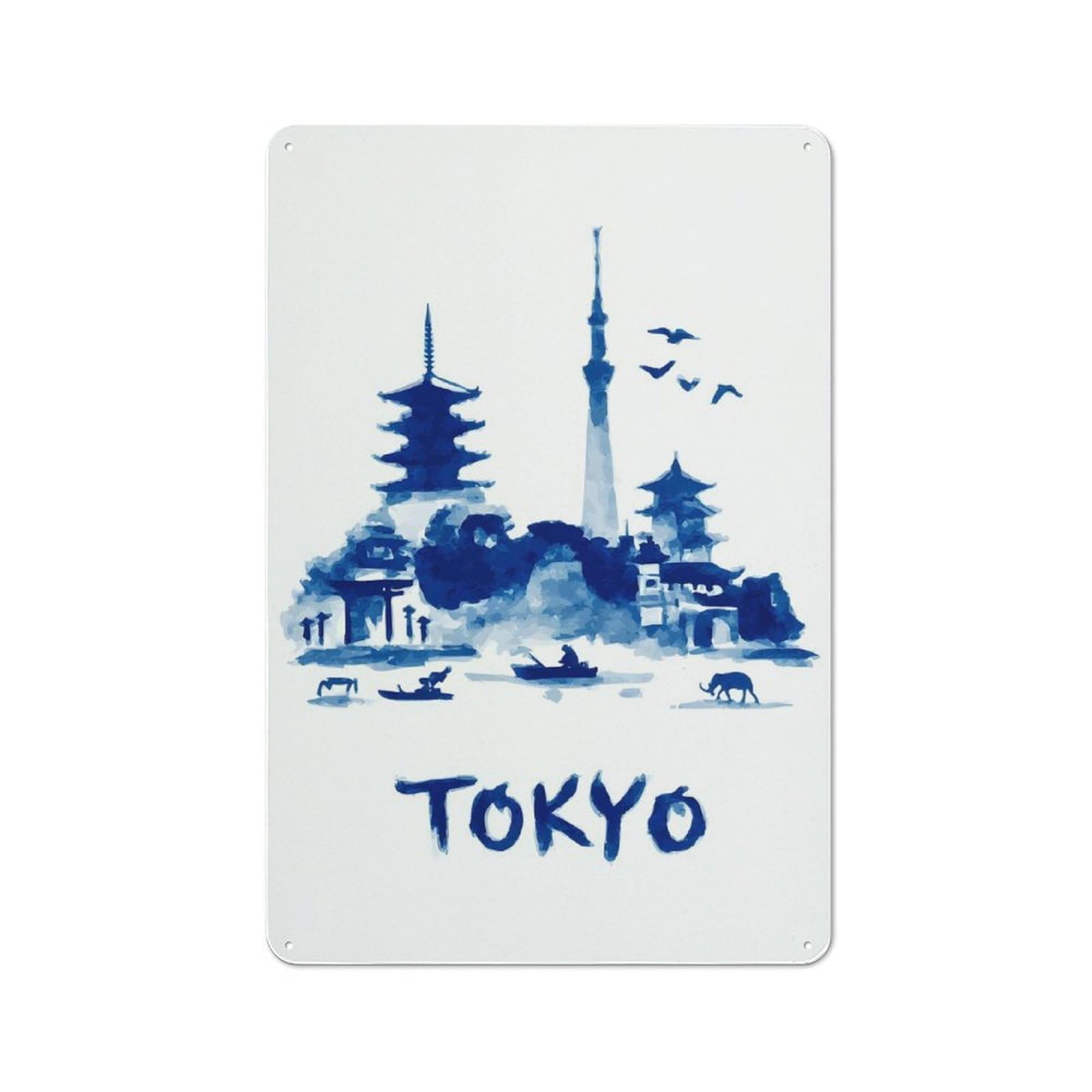 Tokyo Watercolor Skyline Printed Metal Sign 30x20cm for Garage Wall, with Clear Industrial Wall Decor Character