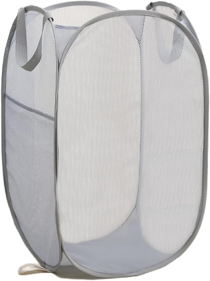 Handy Mesh Laundry Basket Large Capability Laundry Hamper Bag Pop Up Basket Clothes Washing Shoulder Bag for Travel Bathroom College Dorm Family Foldable Essentials Storage,Grey