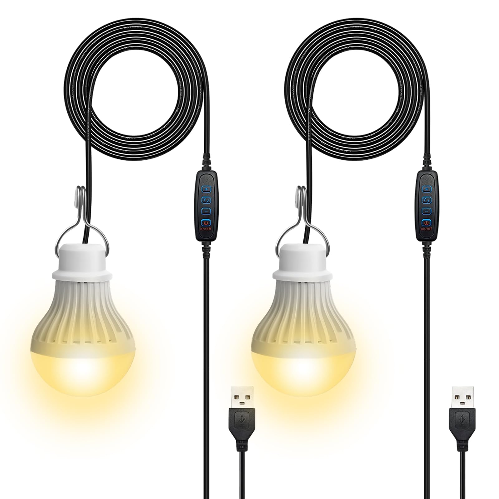 Set di 2 lampade da campeggio LED USB ricaricabili 7 W - Lampada da tenda con intensità variabile - 3 modalità di illuminazione 2700-5000 K - Luce di emergenza con gancio - Funziona con pile