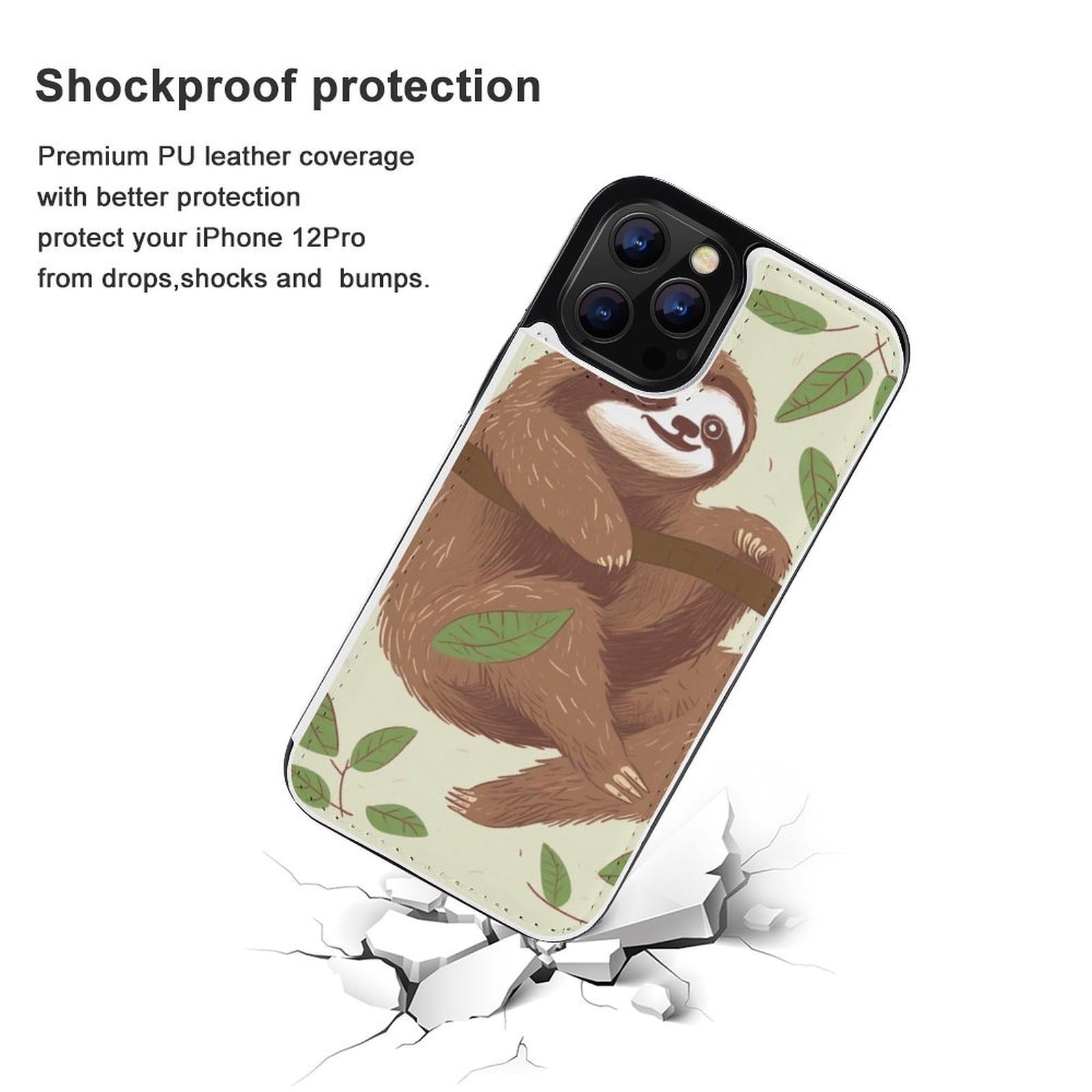 Fundas tipo cartera para iPhone 12 Pro, con estampado de perezoso marrón, funda de piel con ranuras para tarjetas