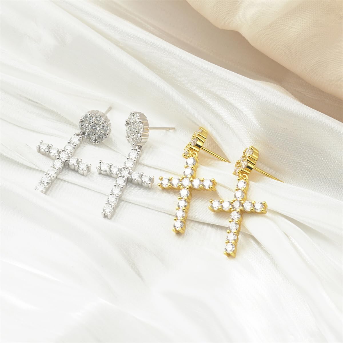 Cross Dangle S925 Moissanite Stud Earrings for Women Men, Hypoallergenic S925 Sterling Silver, VVS Moissanite Stones, White and Gold Colors - Image 5
