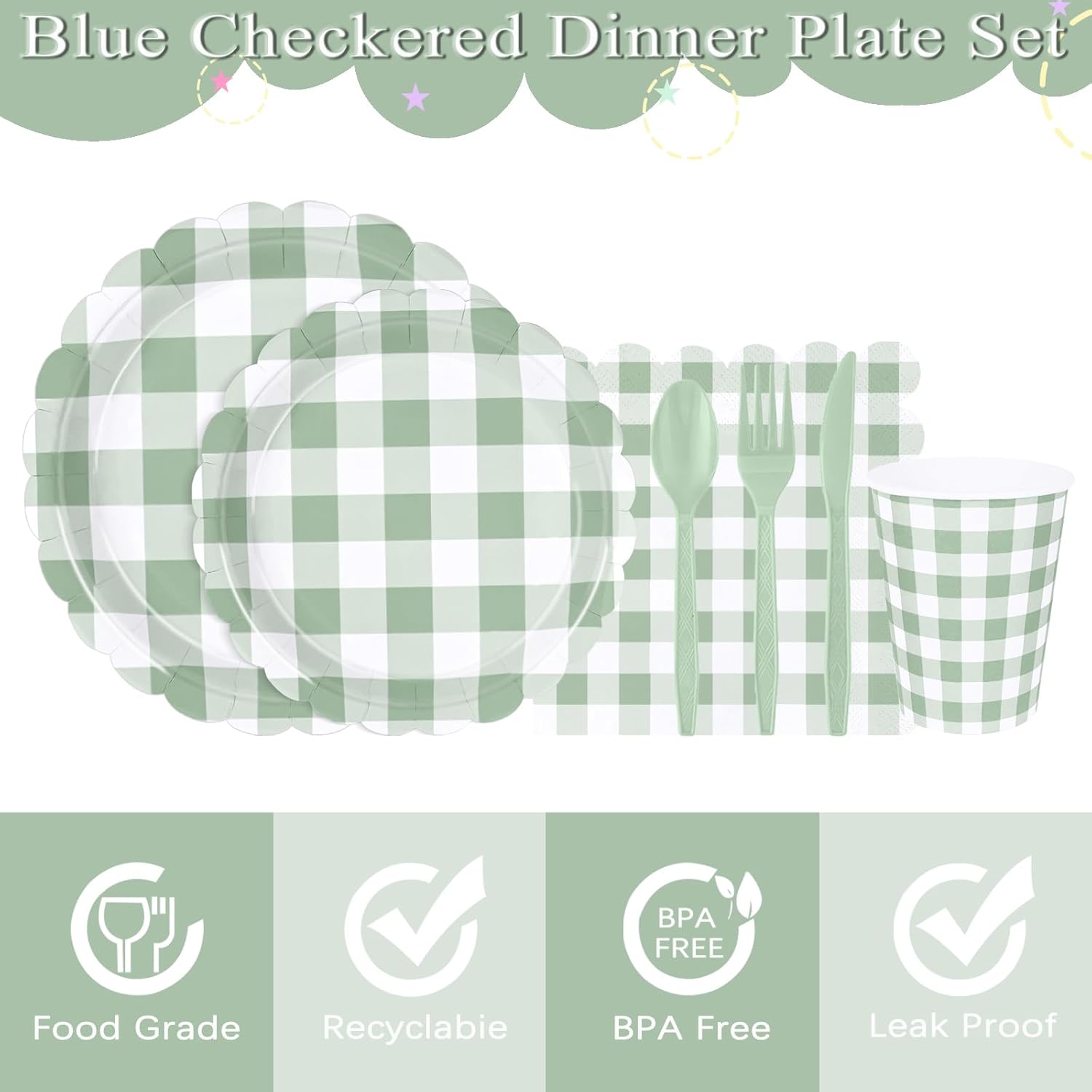 175 PCS Sage Green Gingham Plates and Napkins, Green Checkered Disposable Plates Set with Napkins Cups Plastic Spoons Forks Knives for Dinner Birthday Baby Shower Wedding Supplies Serve 25 Guests - Image 2