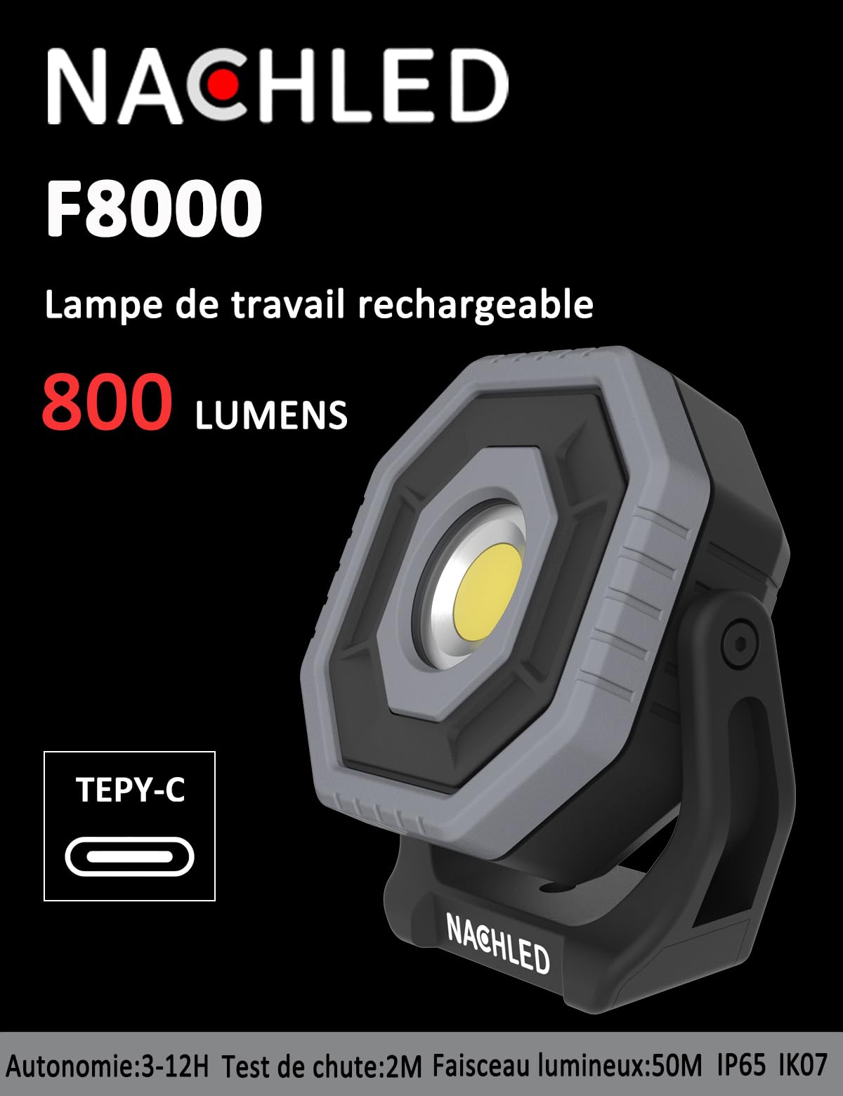 Lampe de travail, 800 lm, lampe de mécanicien de poche, rechargeable de type C, 2600 mAh, support magnétique rotatif à 360°, IP65, pour réparation de voiture, bricolage et entretien (gris)