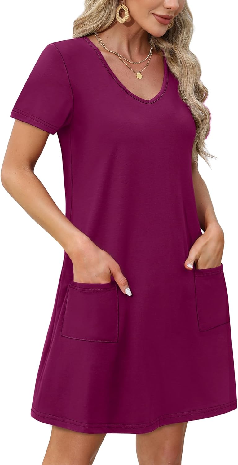 OFEEFAN Summer Dresses for Women 2025 Loose V Neck Short Sleeve Casual T Shirt Dress Sundresses Swimsuit Coverup with Pockets - Image 3