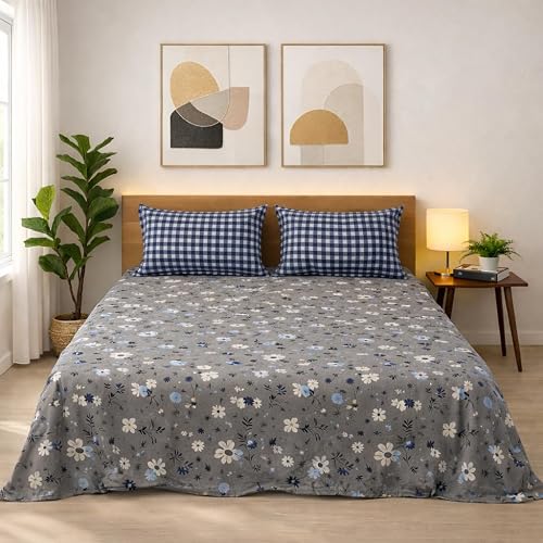 VOMZER Soft Cotton Super King Size Printed Flat Double Bedsheet, 108 X 108 Inches 9 Feet with 2 Pillow Cover Without Joint 400 TC | 108" x 108" Inches (Super King), Grey
