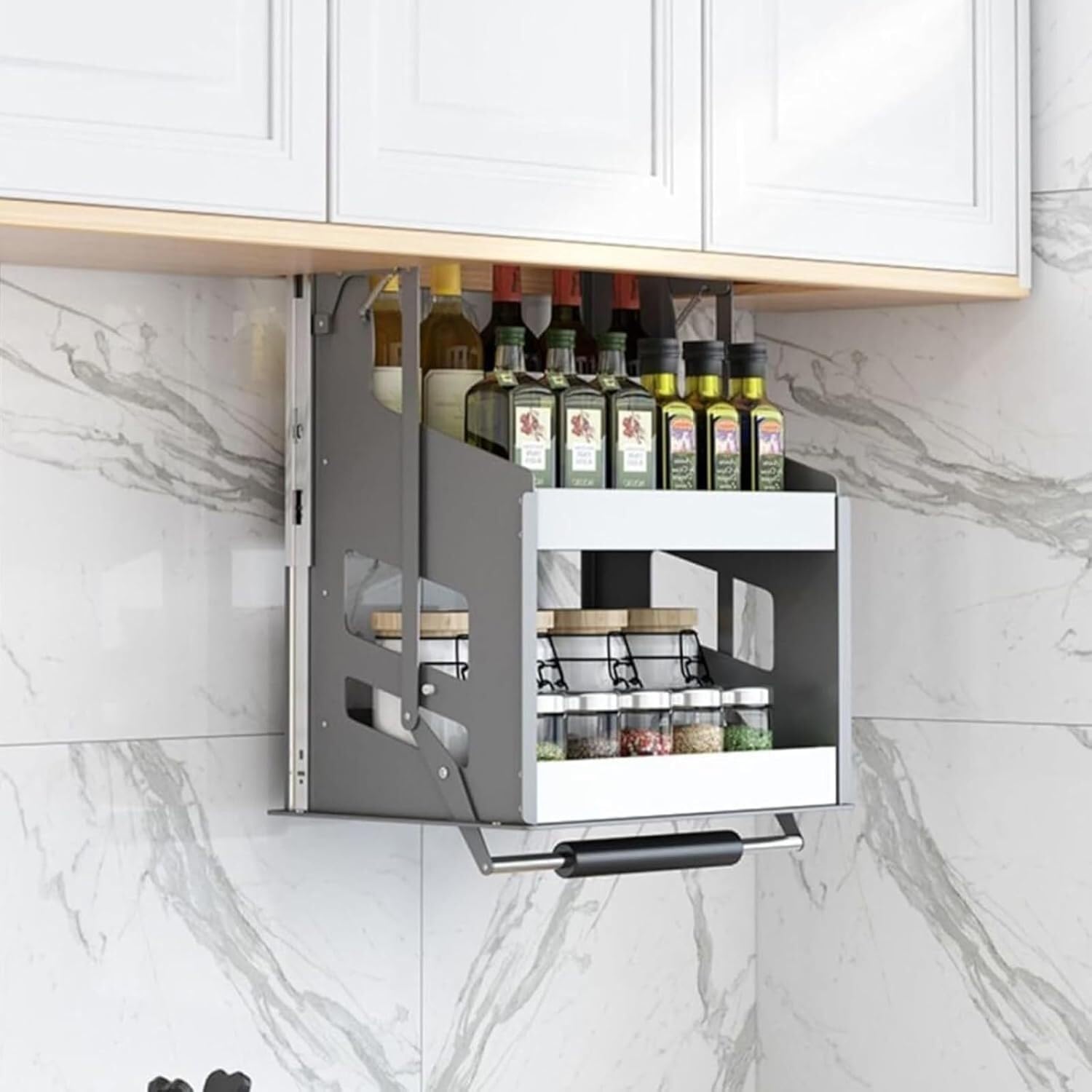 WDSOPK 2 Tier Pull Down Kitchen Shelf Stainless Steel Wall Cabinet Storage Basket for Spices Herbs & Condiments Space Saving nizer