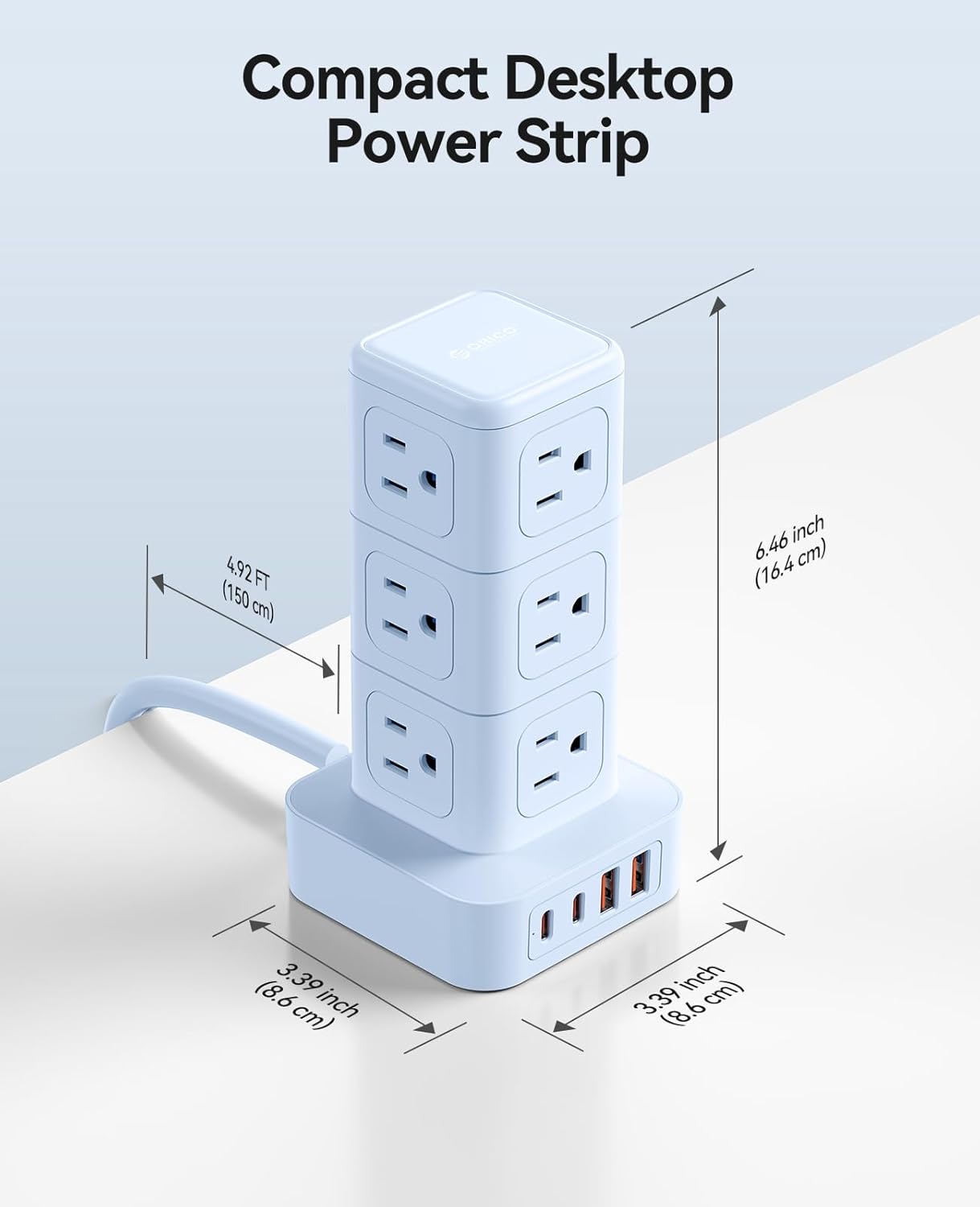 ORICO Power Strip Tower with Multiple Outlets, Tower Extension Cord with 12 AC Outlets 4 USB Ports (2 USB C), Space Saving Design, 5FT Cord Power Tower for Home, Office, Dorm - TPP20