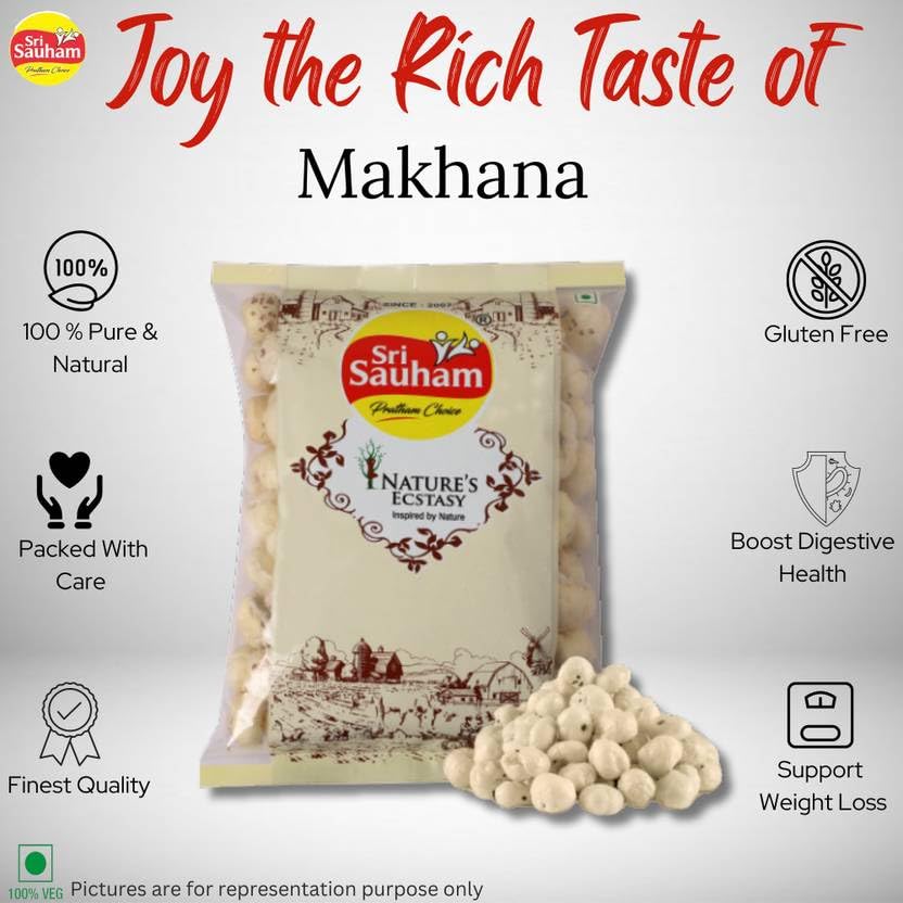 Image of Sri Sauham Premium 100% Natural Raw Makhana - 100 gm | Fox Nuts | Lotus Seeds | Rich in Calcium & Protein | No Added Artificial Flavours or Preservatives | Pesticide-Free & Gluten-Free