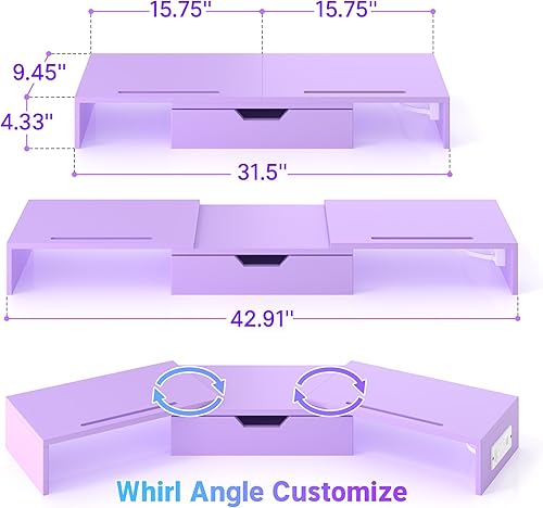 Miniatura 7 de Elephance Soporte de monitor doble con puertos USB, soporte de madera para monitor de computadora con cajón, soporte elevador de monitor ajustable,