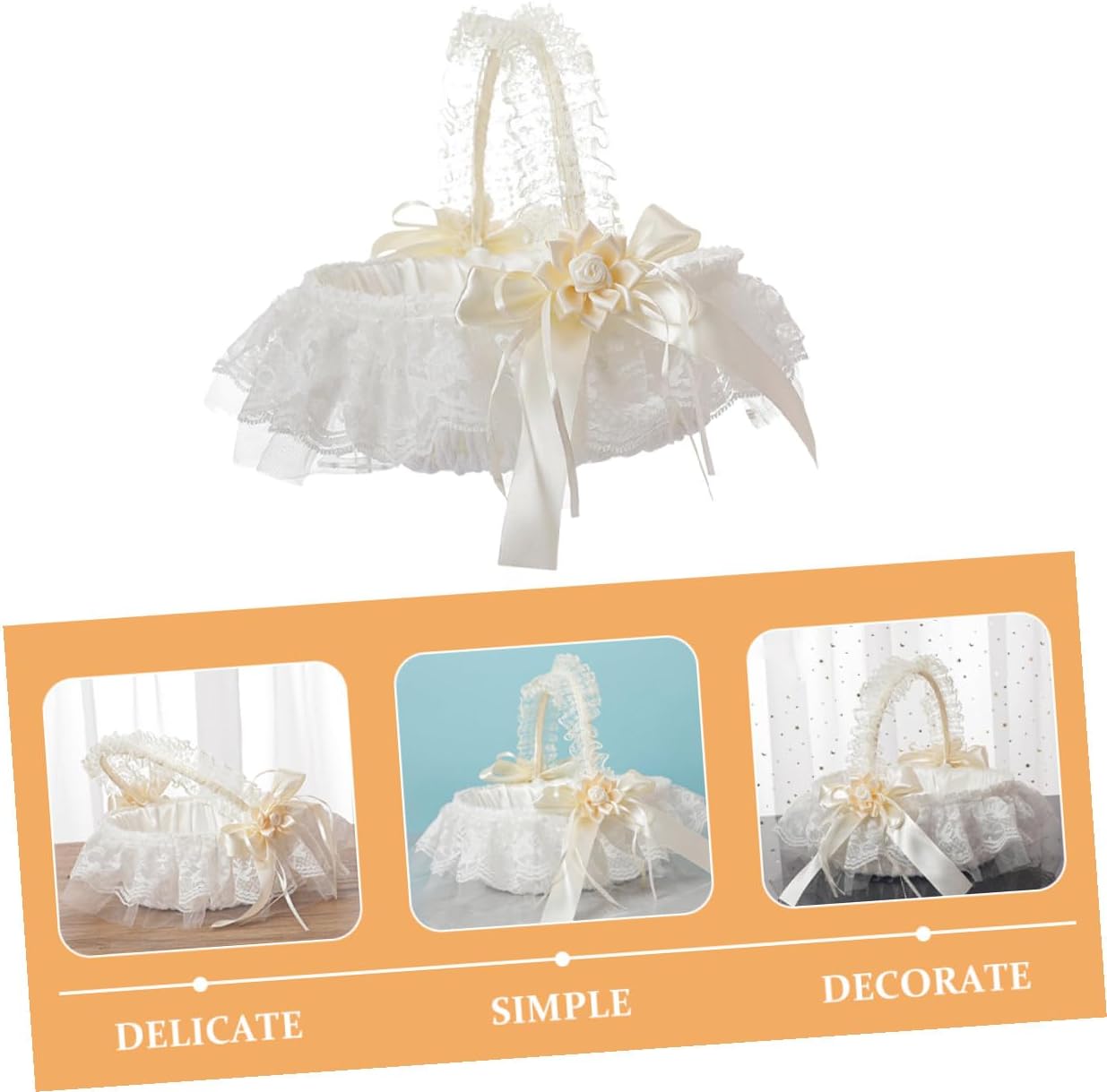 Wedding Flower Girl Basket Small Handheld White Lace Basket Removable Handle for Ceremony Party Supplies