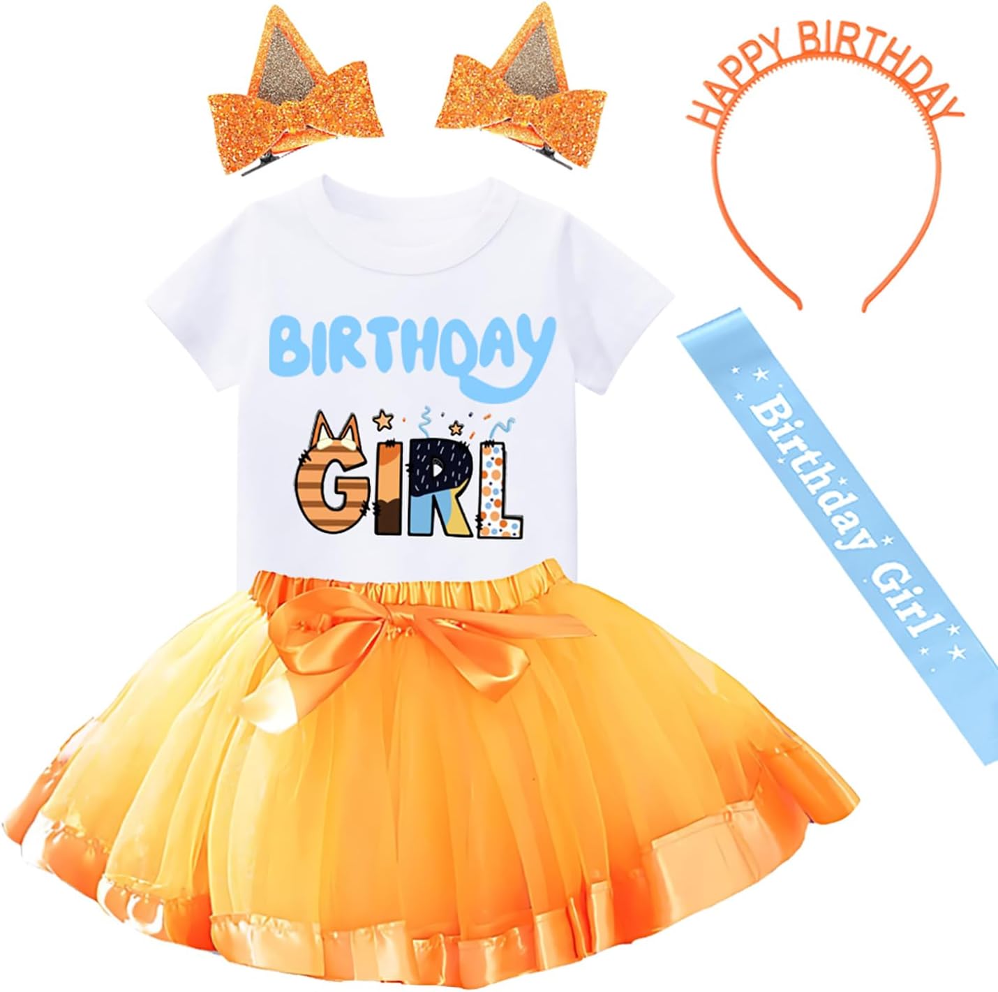 Birthday Girls Outfit T-Shirt Tutu Skirt Sets with Blue Ears Hair Clips Headband and Satin Sash…