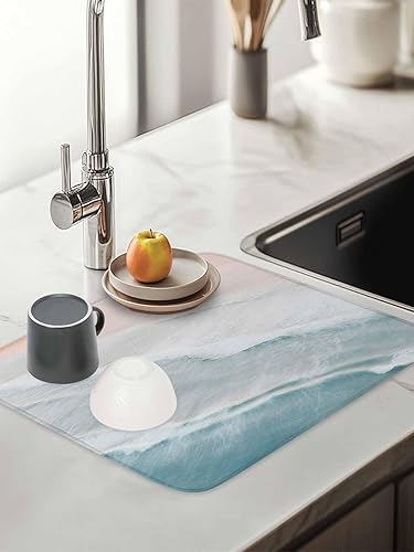 Miniatura 3 de Tapete de secado de platos de playa de verano para encimera de cocina, tapete de cocina costera de olas de mar aguamarina, almohadilla de secado de