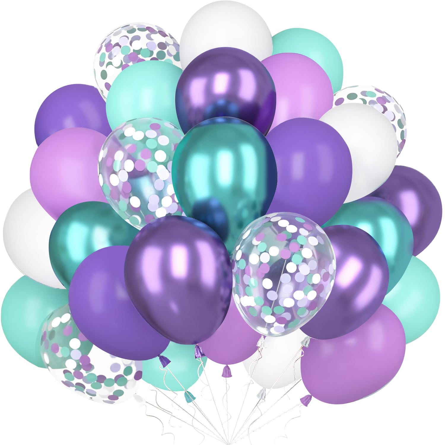Mermaid Party Balloons, 60 pcs Purple and Teal Balloons Glitter Purple White Latex Balloon with Confetti Helium Balloon for Girls Mermaid Theme Birthday Under the Sea Baby Shower Party Decorations
