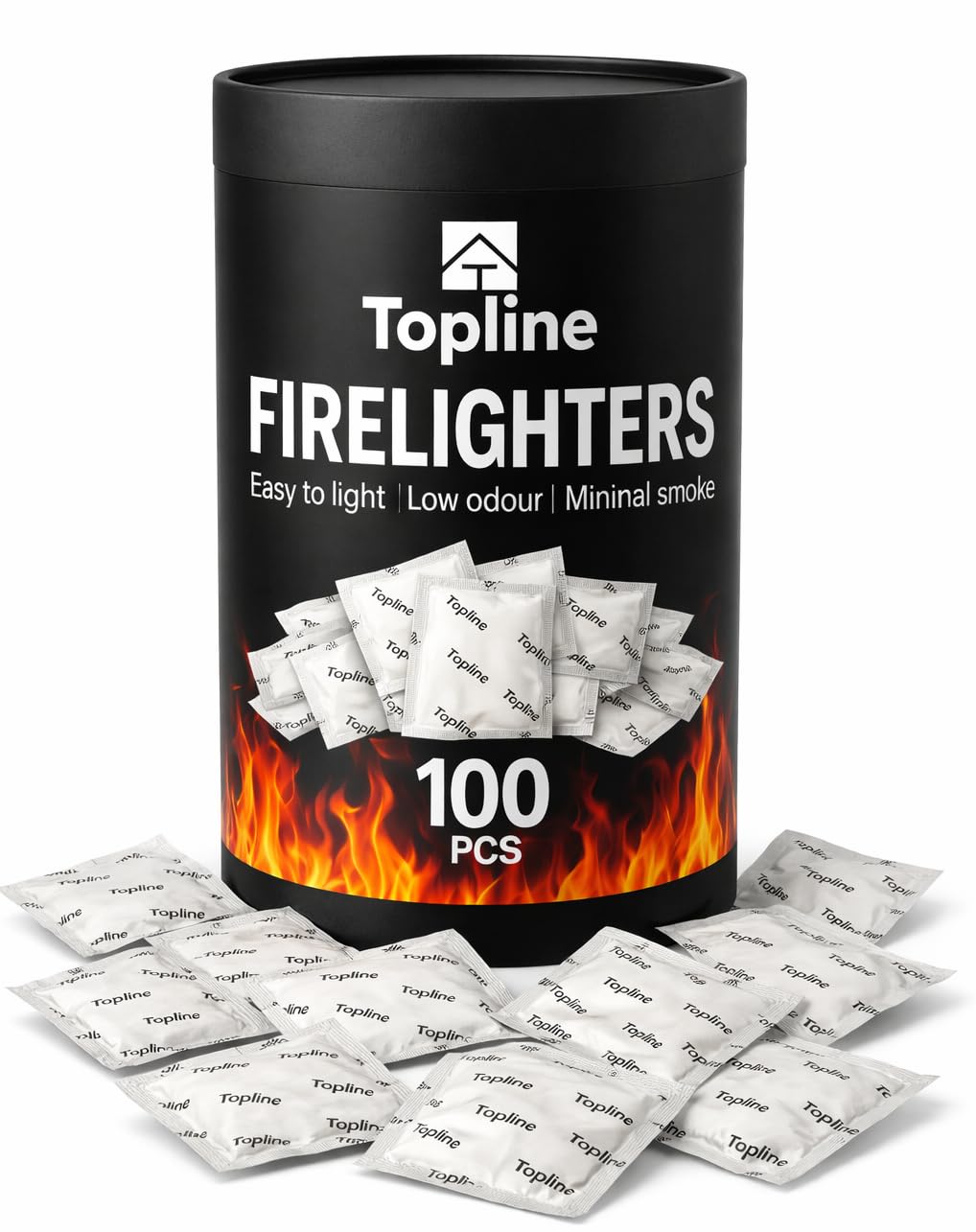 Instant Fire Starter Lighters Multipack - 100 Odourless Firelighters Sachets in Tube Storage Box. Fire Lighters for Wood Burners, Fire Logs, Charcoal BBQ. Waterproof Firelighters for Open Fires