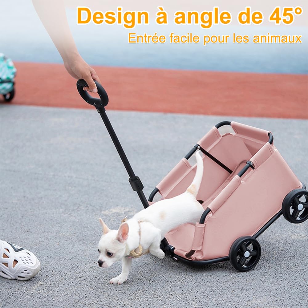 OHMG Poussette pour chien,Pliable à 4 roues,Avec tige de poussée réglable,Chariot pour chien, coussin lavable,Pour chiens miniatures jusqu'à 10 kg,Design ouvert