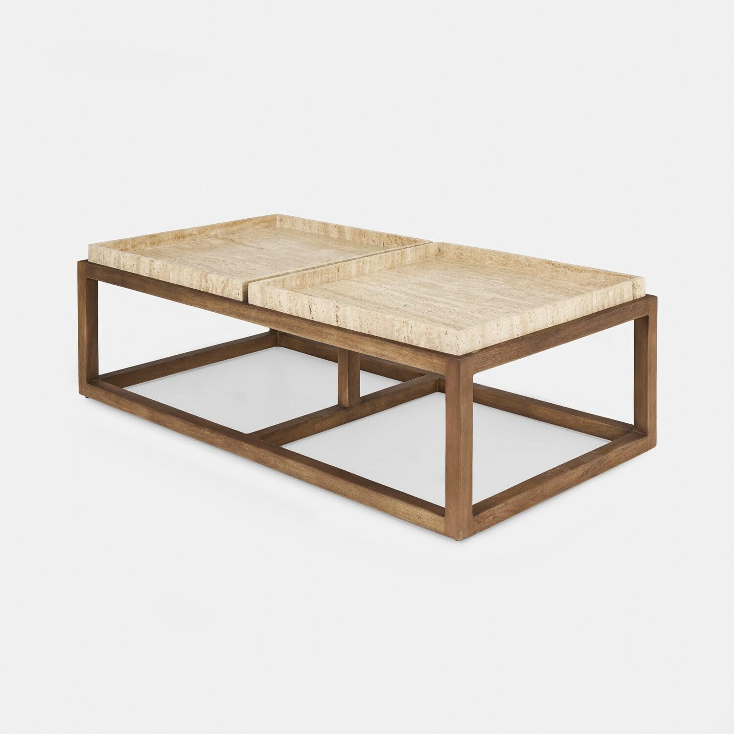 Loberon Edwyn Tavolino da Salotto - Struttura in Legno di Mango dal Design Sobrio - Vassoi in travertino Rimovibili, Marrone/Crema