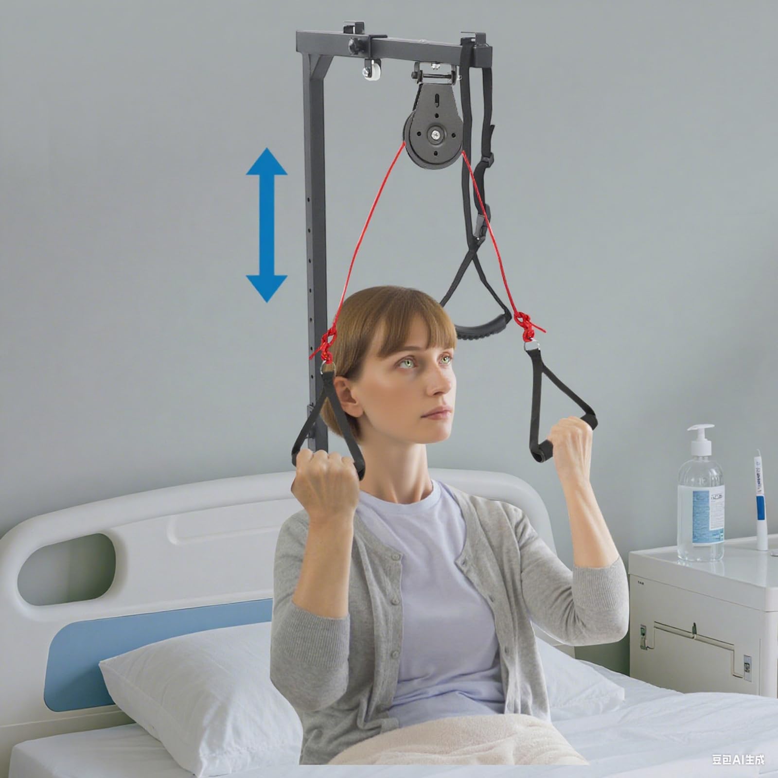 Elevador de cama de acero ajustable en altura ajustable, ayuda para dominadas de movilidad con mango trapezoidal, ayuda de elevación para ancianos y pacientes, hasta 100 kg (negro)