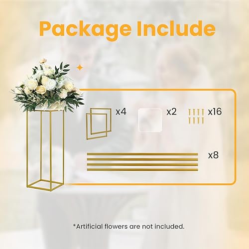 Miniatura 6 de YALLOVE Paquete de 2 soportes de flores de boda dorados de 23.75 pulgadas, soporte de columna de jarrón geométrico para decoración de hogar, fiesta,