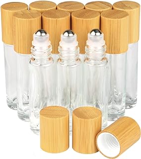 Clear Refillable Glass Empty Roll on Bottles Roller Bottle,10ml Bamboo Roll On Bottle For Essential Oils Perfume Sample Bottles With Stainless Steel Roller Ball &Bamboo Cap,12pcs