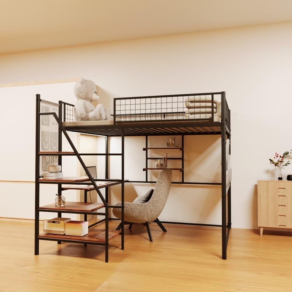 Assembled JIJIWANG Full Size Loft Metal Bed with desk and shelves