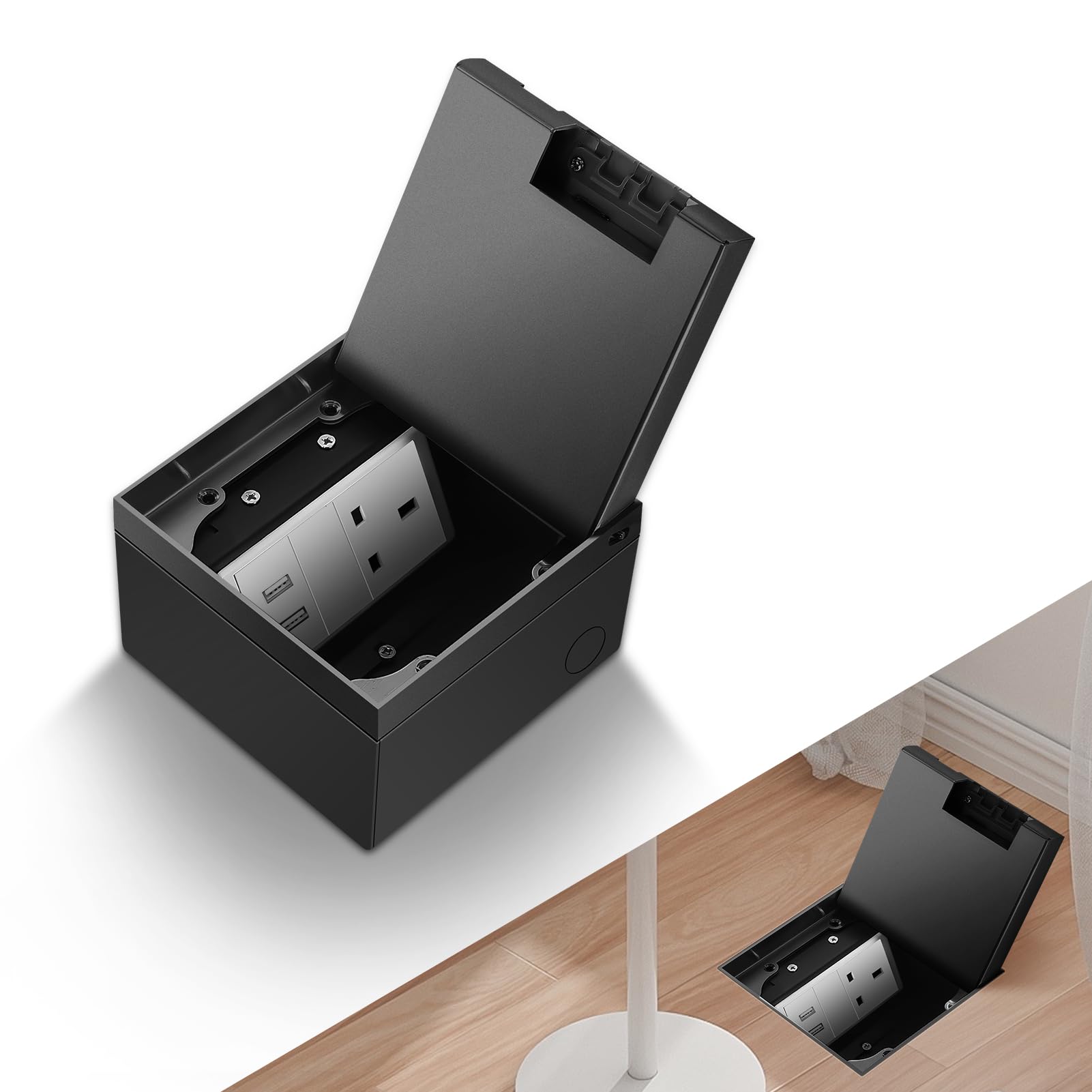Recessed Hidden Floor Socket Kit, Floor Electrical Outlet Box with 13A Tamper-Resistant Receptacle, Corrosion-Resistant Cover for Kitchen, Office, Public Areas (Black, 2USB-A)