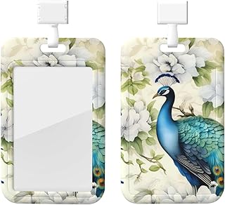 Peacock Flower ID Badge Holder, Easy Slide Badge Reel with Clear Window & Lanyard for Office, Security, Hospital Staff