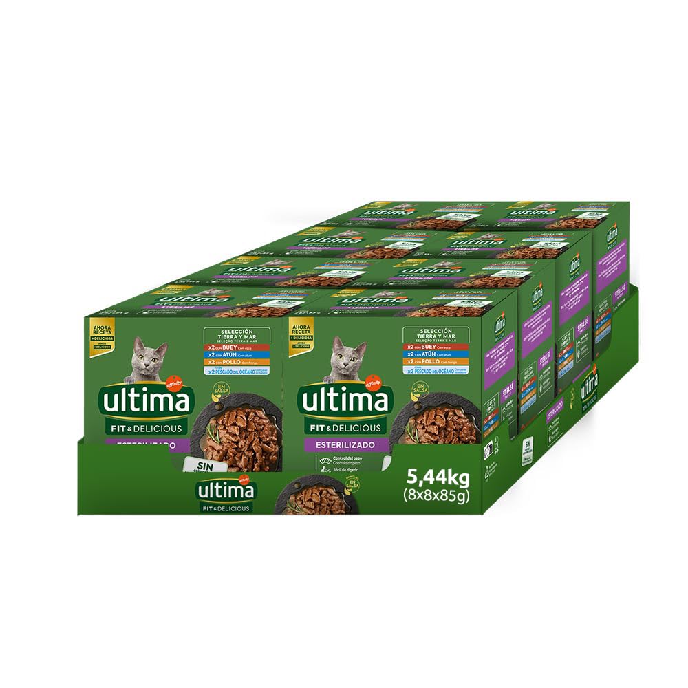 Ultima Fit & Delicious - Comida húmeda para Gatos Esterilizados - Multipack de 8x85g (Pollo, Buey, Atún, Pescado del Océano) - Caja de 8 x(8x85g)