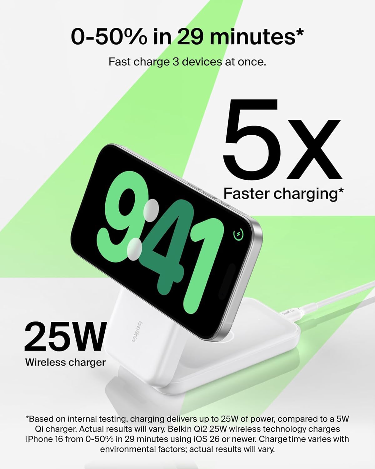 Belkin UltraCharge - Caricatore magnetico wireless 25 W, 3 in 1, certificato Qi2.2, caricatore rapido MagSafe, stazione di ricarica per iPhone 17, AirPods, Apple Watch Pixelsnap con 45 adattatori