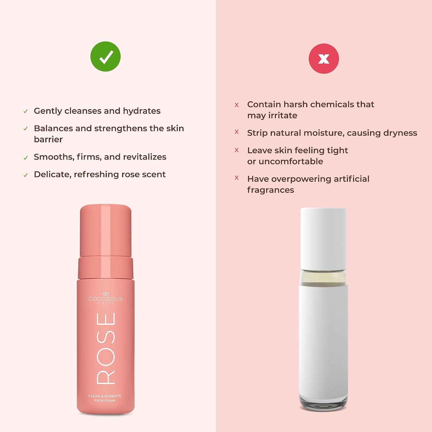 COCOSOLIS Rose Clean & Hydrate Face Foam Deep Pore Facial Cleansing Foam with Moisturising Hyaluronic Acid and Glycerine