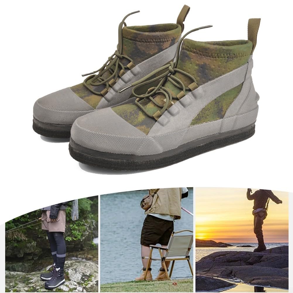 Botas de pesca de roca con suela de fieltro y tacos de acero, zapatos de vadeo antideslizantes, arrecife de humedal, calzado de pesca de neopreno transpirable con drenaje y puntera