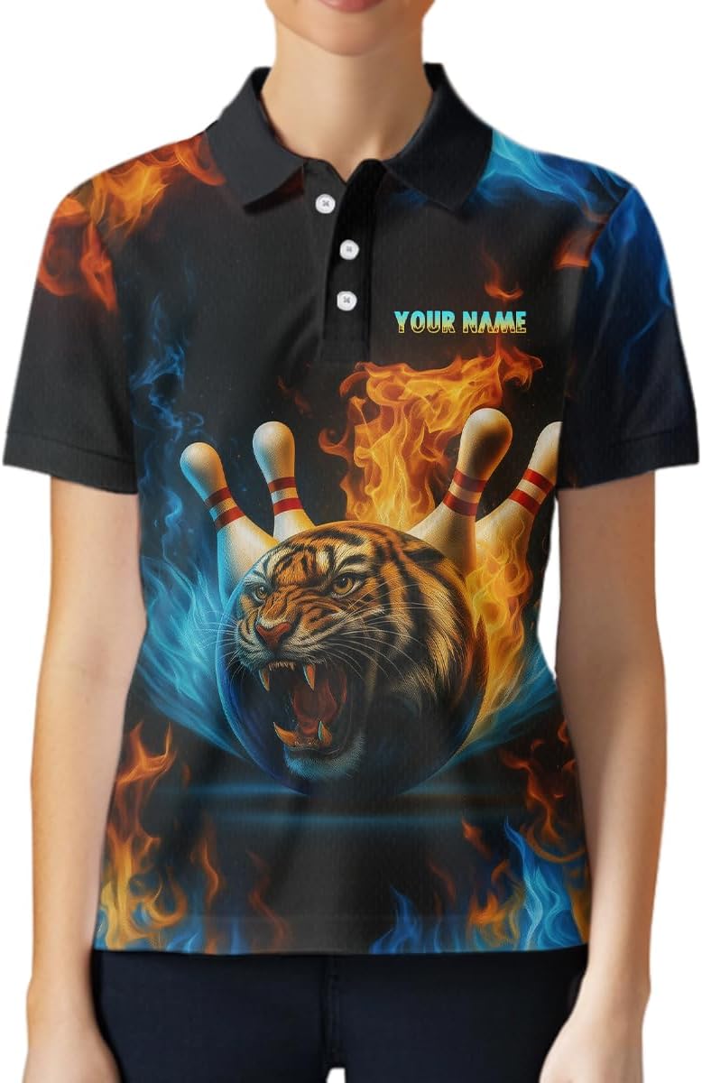 Smoke Tiger Bowling Shirts for Team Women Men Custom Bowling Jerseys Tiger Flame Bowling Polo and 1/4 Zip Shirt League