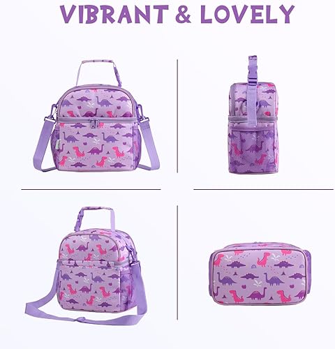 Miniatura 5 de VASCHY Lonchera para niños, con doble compartimento, con aislamiento, bolsa de almuerzo para niños y niñas, escuela, guardería, picnic, lila, Dinos