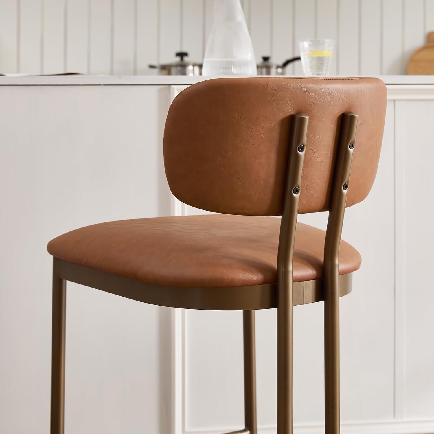 Bar Stools Counter Height Set of 2, 25.6” Faux Leather Counter Stools with Back for Kitchen Island, Upholstered Barstools with Metal Legs, Coffee Bar Essentials (Brown Leather, Antique Brass Legs)