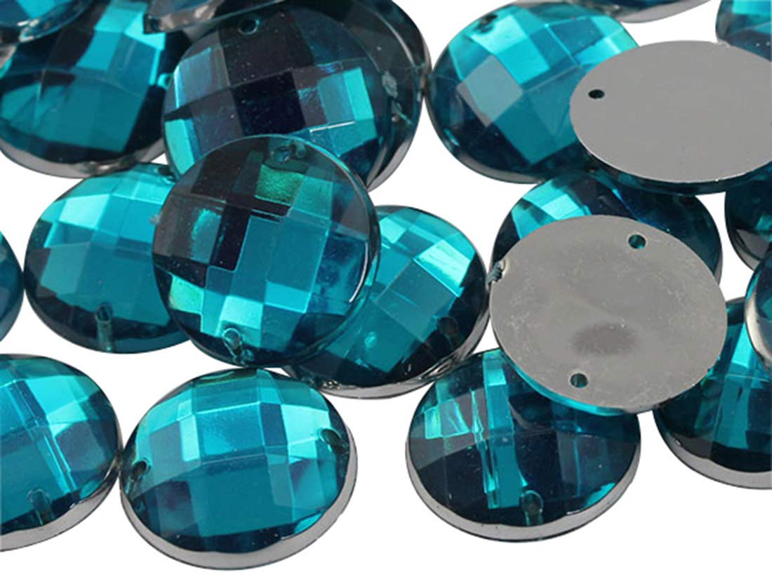 Allstarco 16mm Blue Aqua CH24 Flat Back Sew On Round Beads Acrylic Rhinestones Sewing Plastic Gems with Holes for Jewelry Clothes
