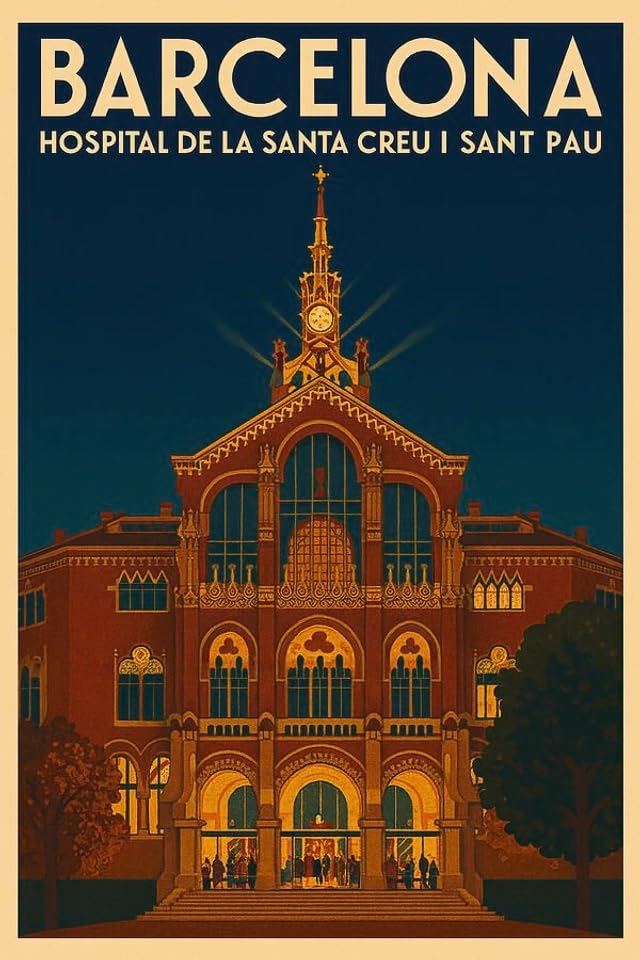 Póster de viaje vintage de Barcelona, cartel del Hospital de la Santa Creu i Sant Pau retro