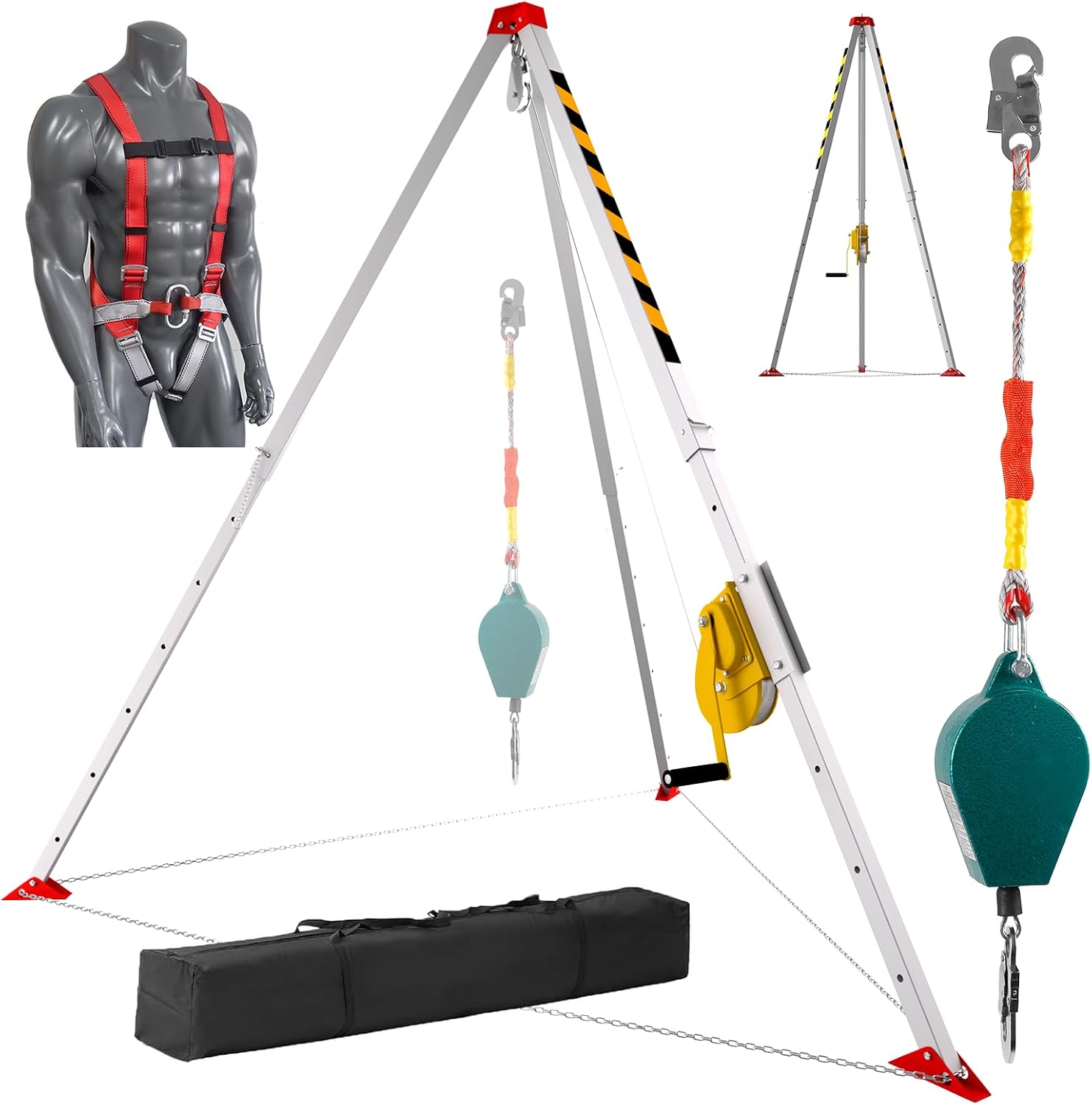 Confined Space Tripod Kit, 2200 Lbs Winch, Adjustable 7' Legs & 98' Cable, Steel Confined Space Rescue Tripod with 33' Fall Protection/Harness/8' Protection Chain for Confined Spaces Safety