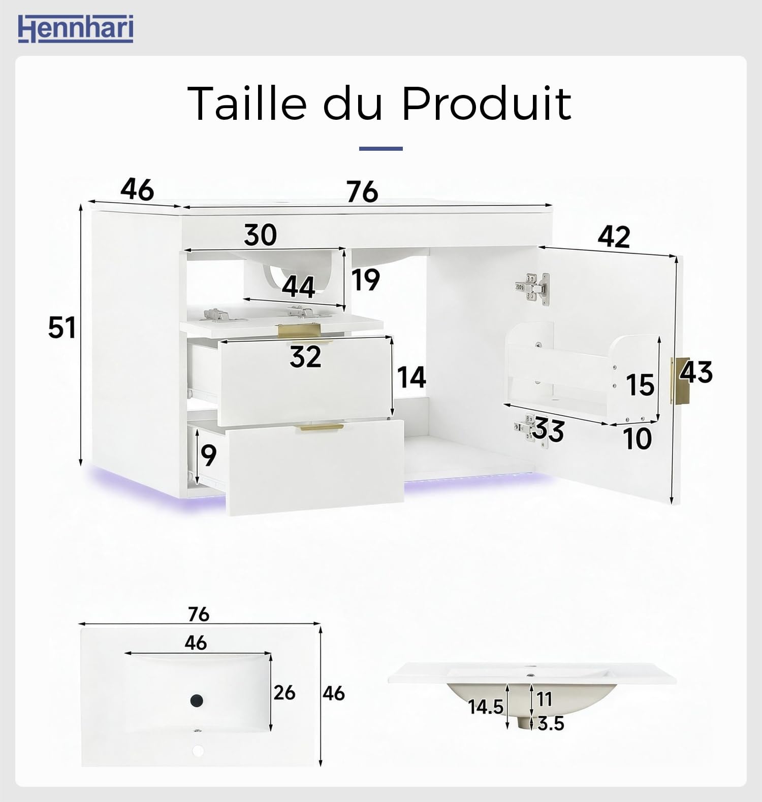 Meuble de Salle de Bain Suspendu avec Vasque en céramique, éclairage LED Intelligent, tiroirs à Fermeture Douce, Rangement Mural Moderne (Blanc)