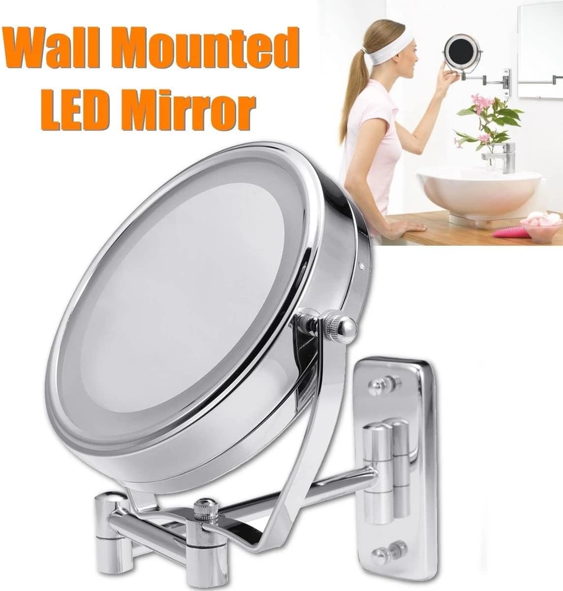 Bathroom Shaving Makeup Mirror with LED Lights Wall Mount Two Sides Extendable Rotate Cosmetic Mirror (Color : A Size : One Size)