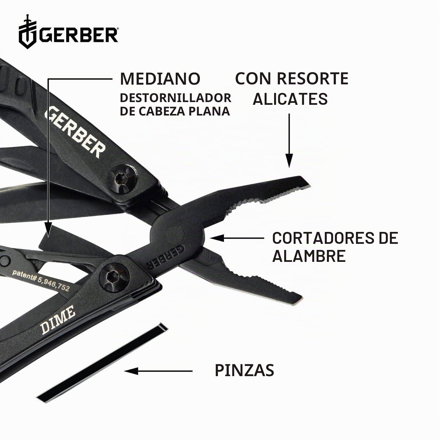 Gerber Multiherramienta con 12 funciones, Dime Pocket Multi-tool, Negro, 31-003610