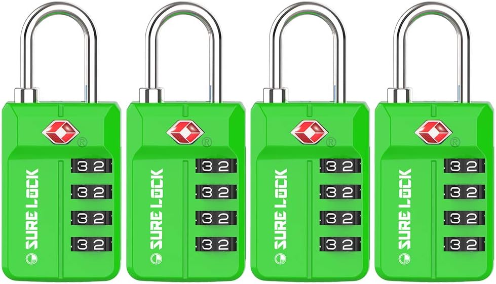 SURE LOCKTSA Approved Travel Luggage s, Open Alert Combination for School Office & Gym er,Toolbox, Pelican Case,Easy Read Dials- 1, 2 & 4 Pack (1, Green 4 Pack)