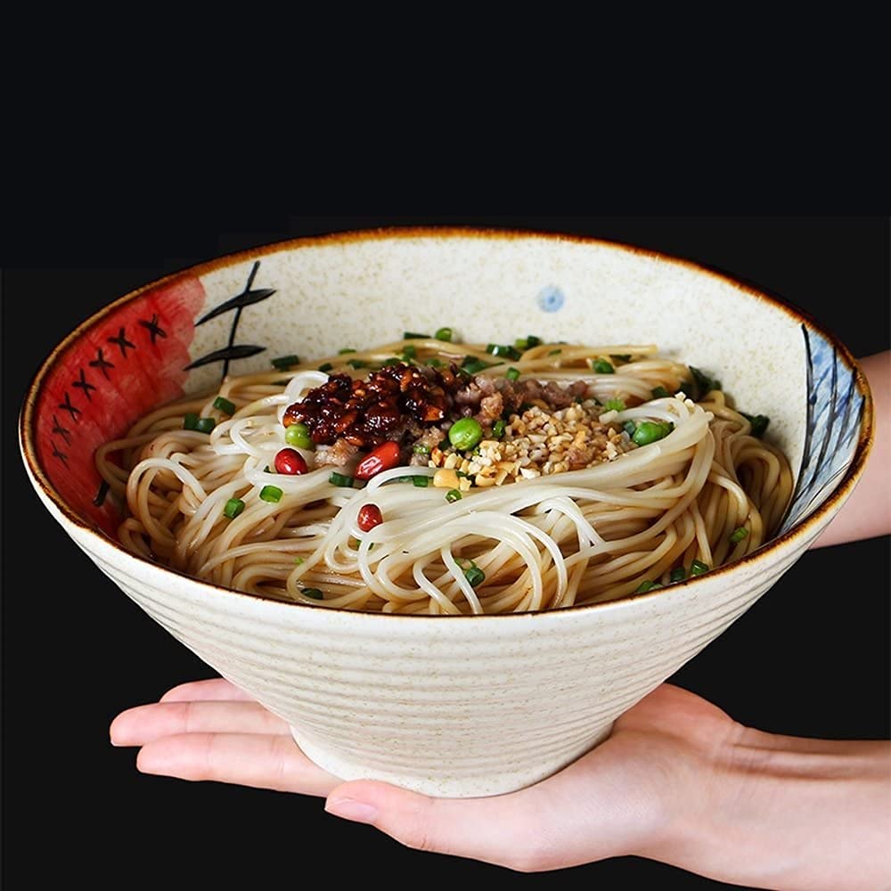 ERoomQ Pasta Bowls Large Soup Ramen Noodle Bowl Fruit Salad Pasta Mixing Serving Bowl Creative Hand Painted Fish Ceramic Tableware Microwave Safe,Blue Fish-9 inches (Red Fish 9 inches)